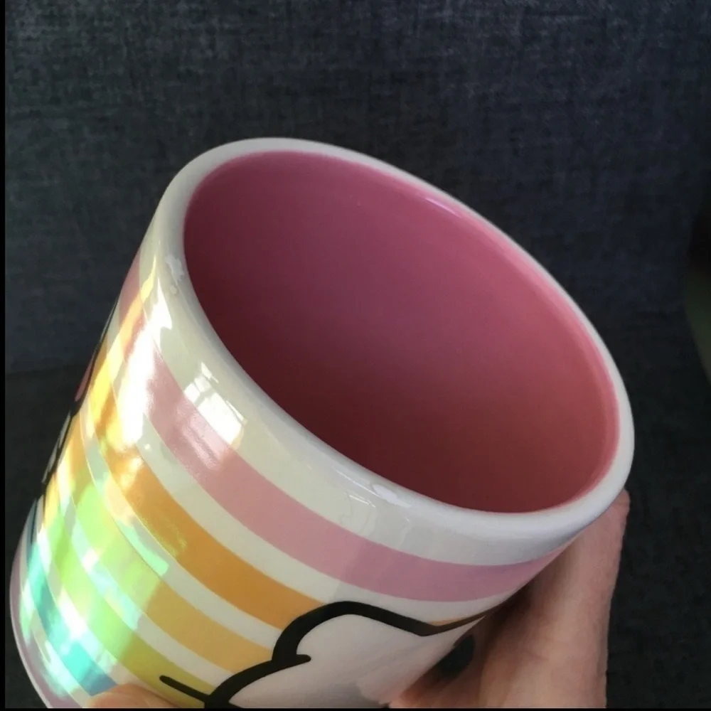 Hello Kitty Pastel Stripe, Bow Handle Coffee Mug, White, Pink, 20 oz